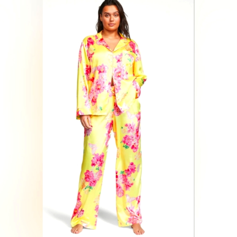 NWT Victoria's Secret Satin Long Button Up Top Lime Citron Floral Pajama Set XL